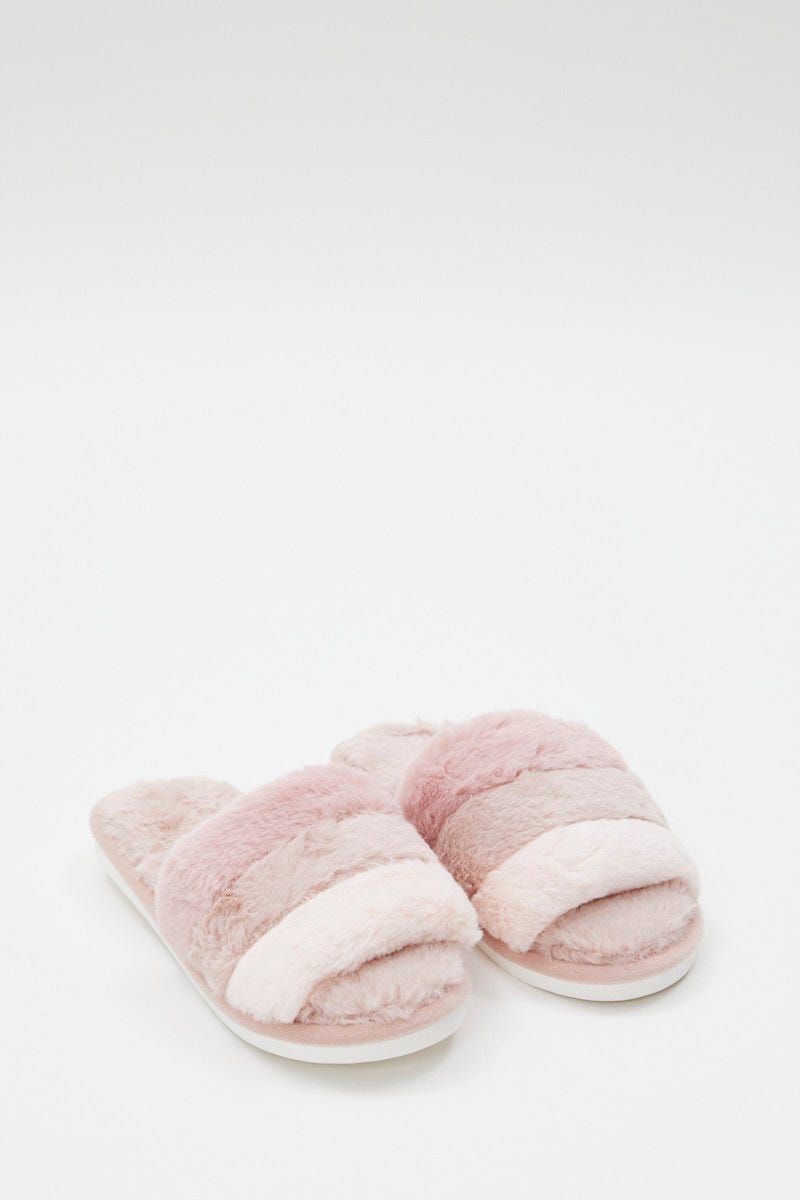 Pink Plush Faux Fur Stripe Mule Slippers For Women By You And All