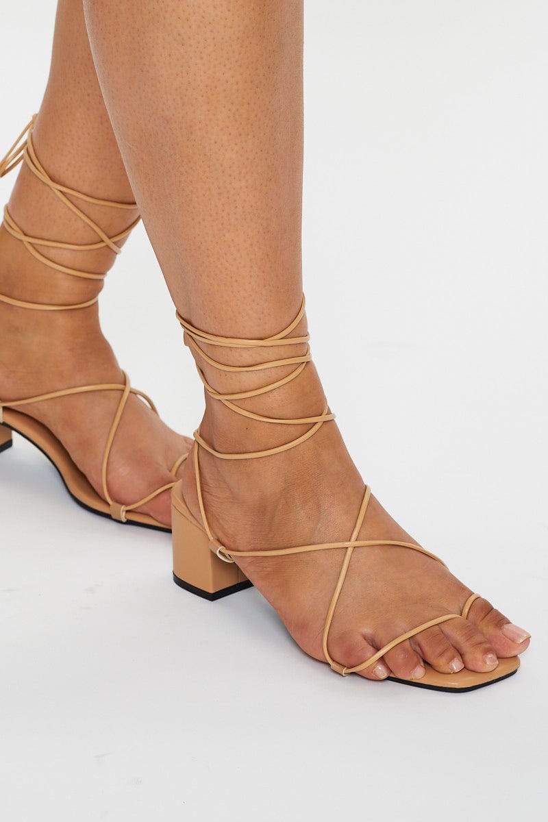 Nude Tie Up Mid Block Heels For Women By You And All