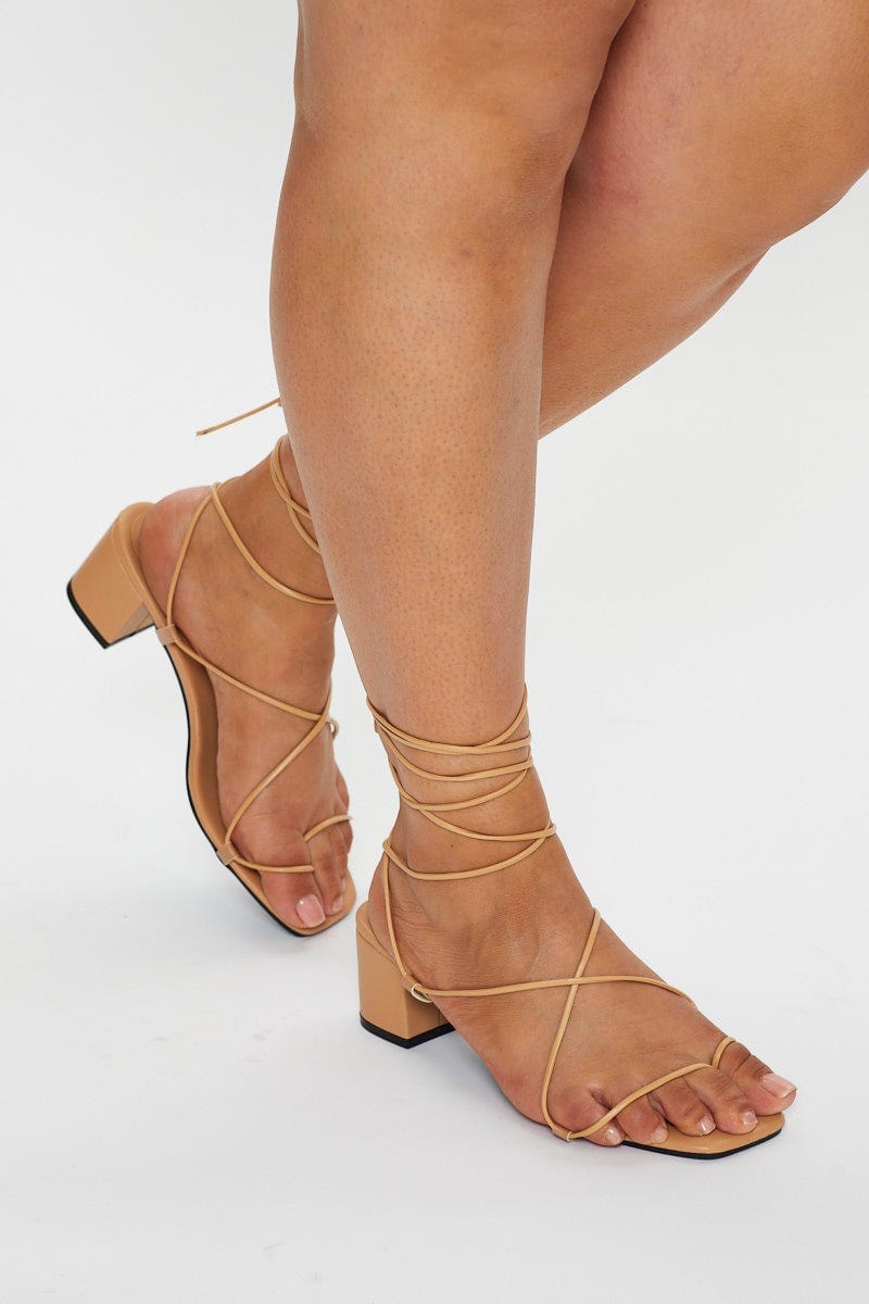 Nude Tie Up Mid Block Heels For Women By You And All