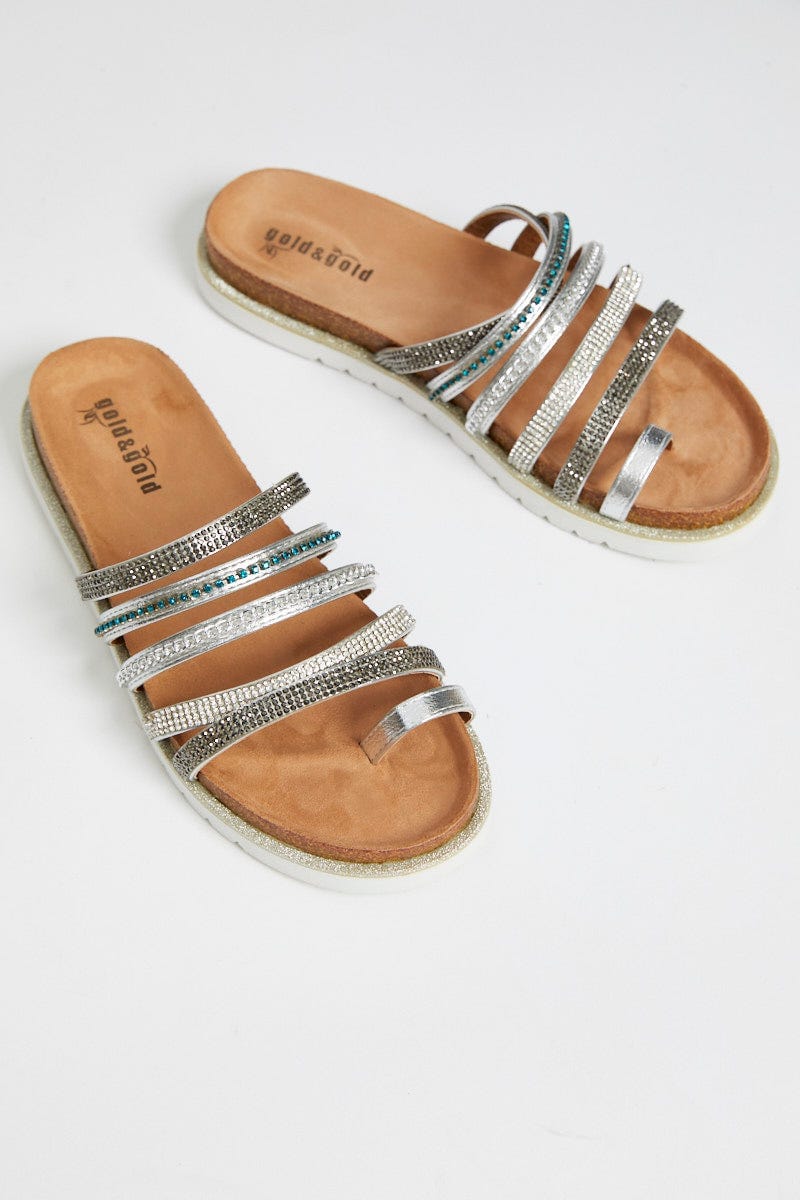 Metallic Diamante Multi Strap Flat Sliders For Women By You And All