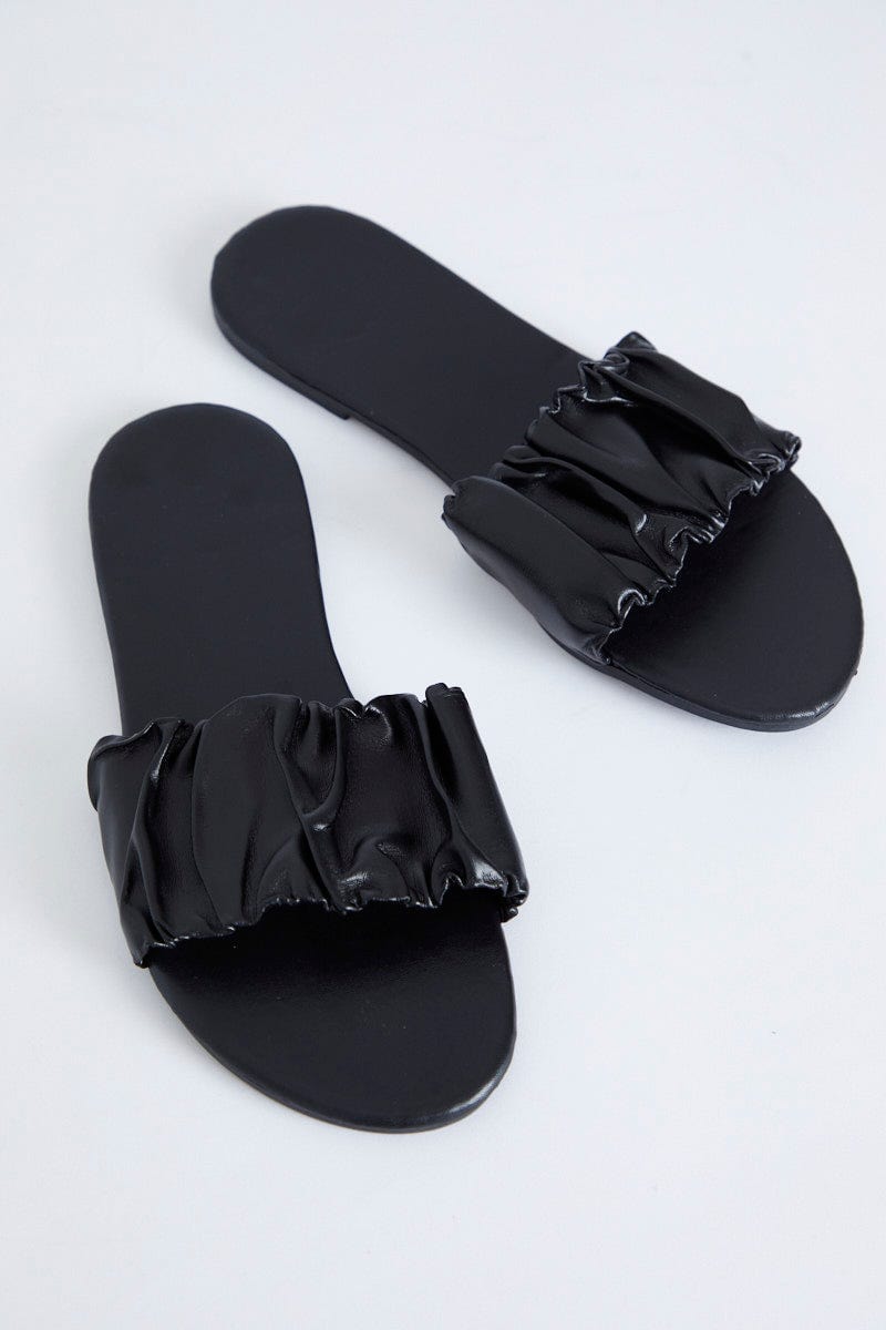 Black Ruched Top Flat Sliders For Women By You And All