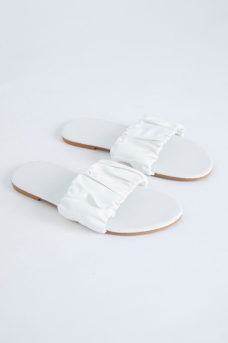 White Ruched Top Flat Sliders For Women By You And All