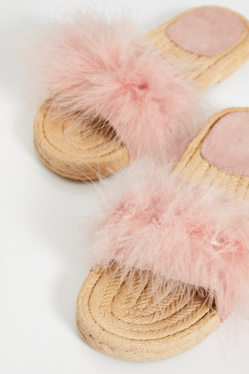 Pink Faux Fur Fluffy Flat Slides For Women By You And All