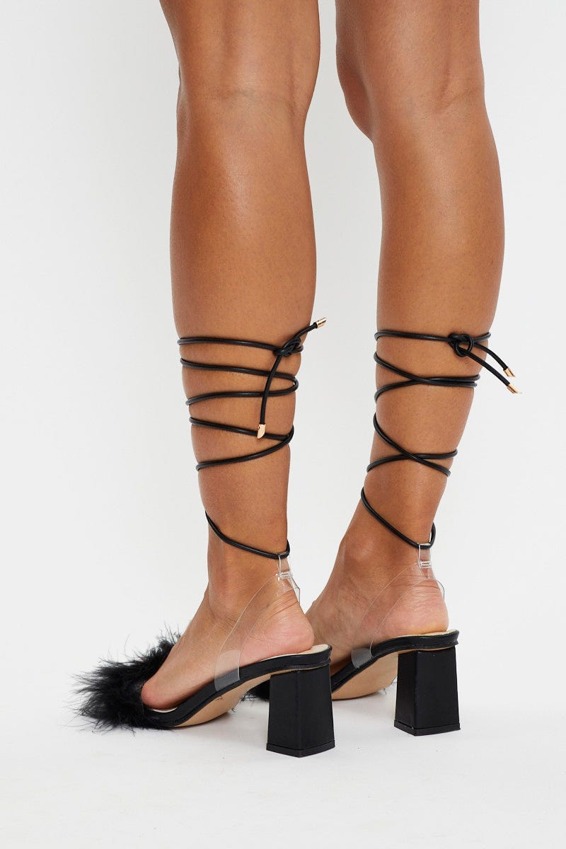 Black Faux Fur Lace Up Heels For Women By You And All