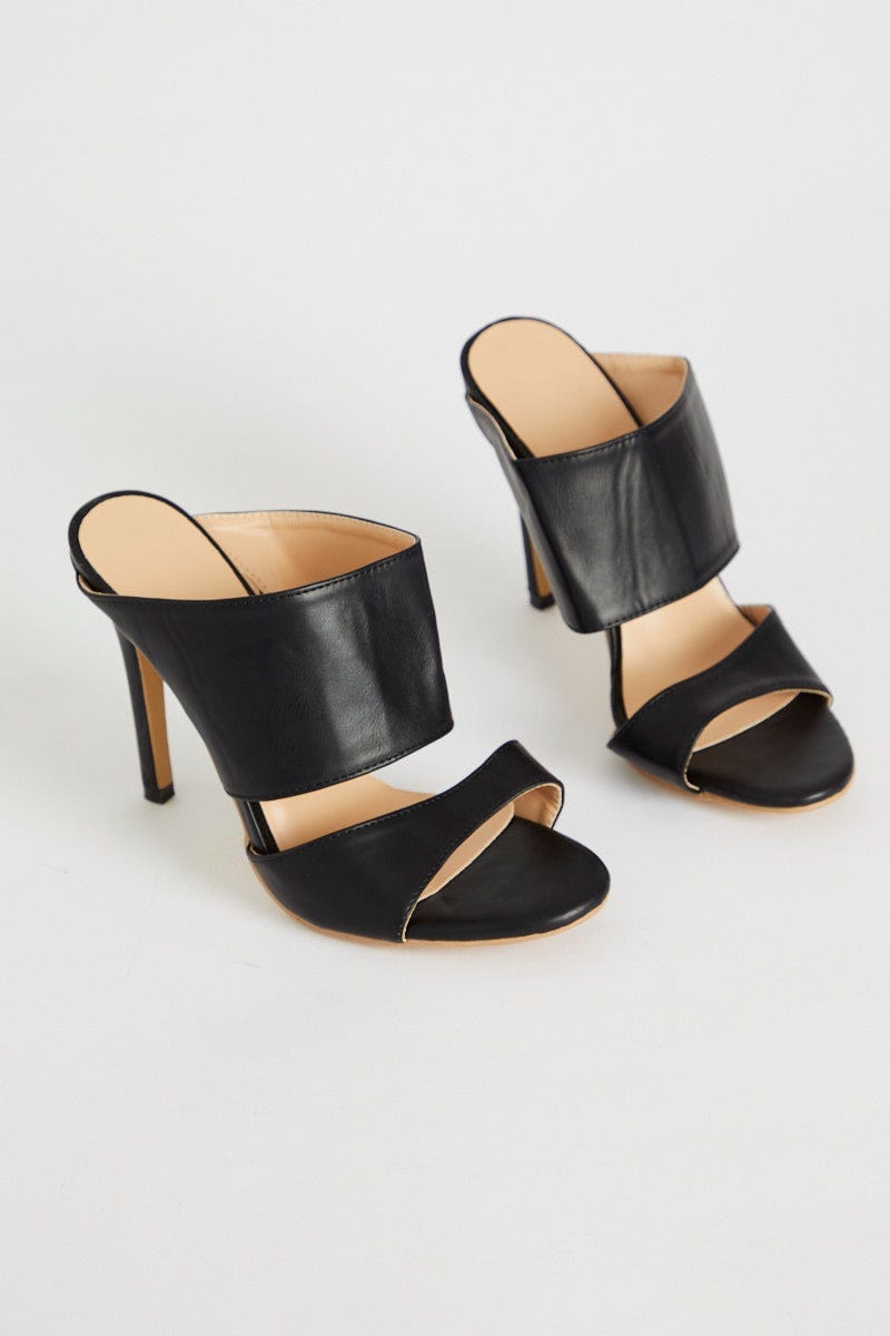 Black Chunky Strap Heel Mules For Women By You And All