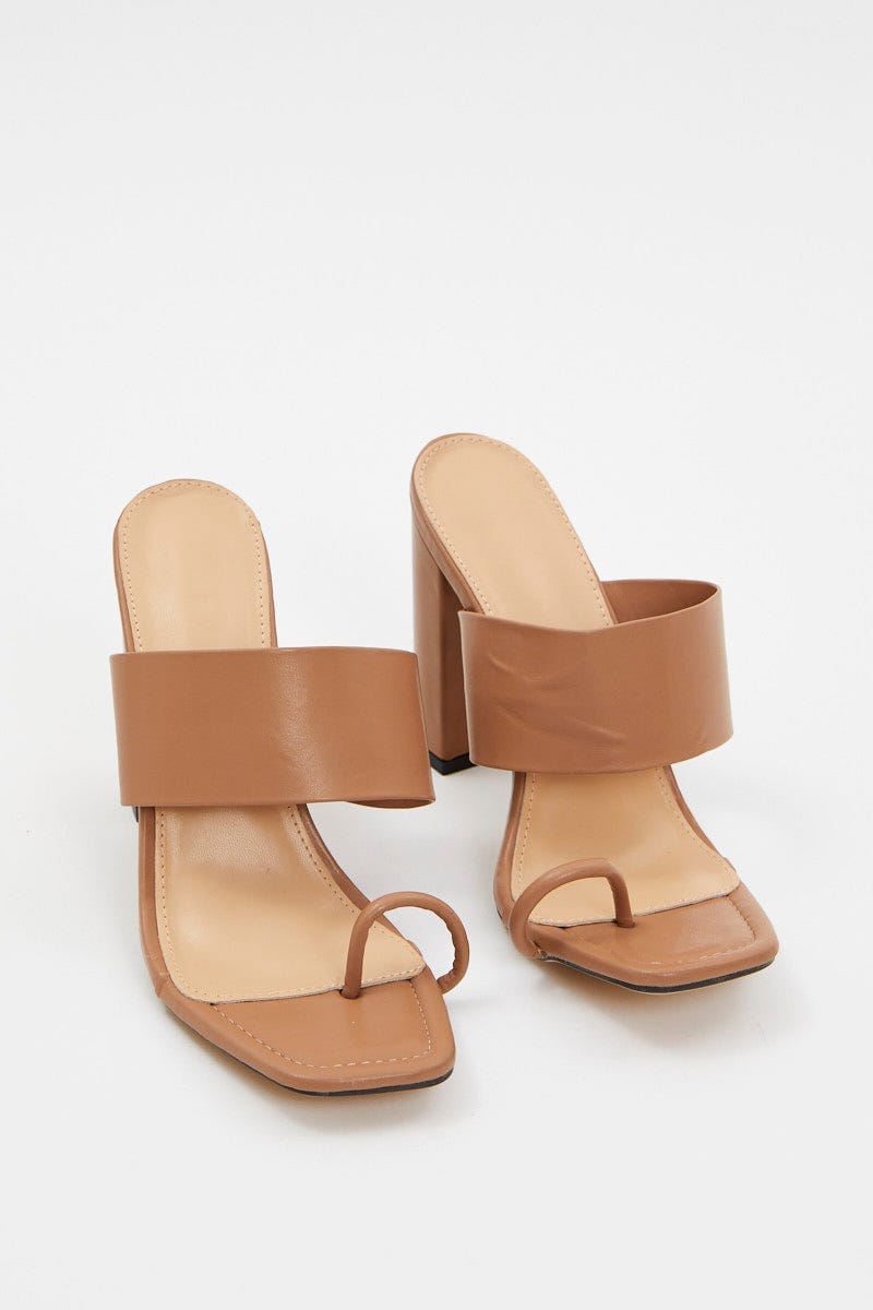 Camel Chunky Strap Heel Mules For Women By You And All