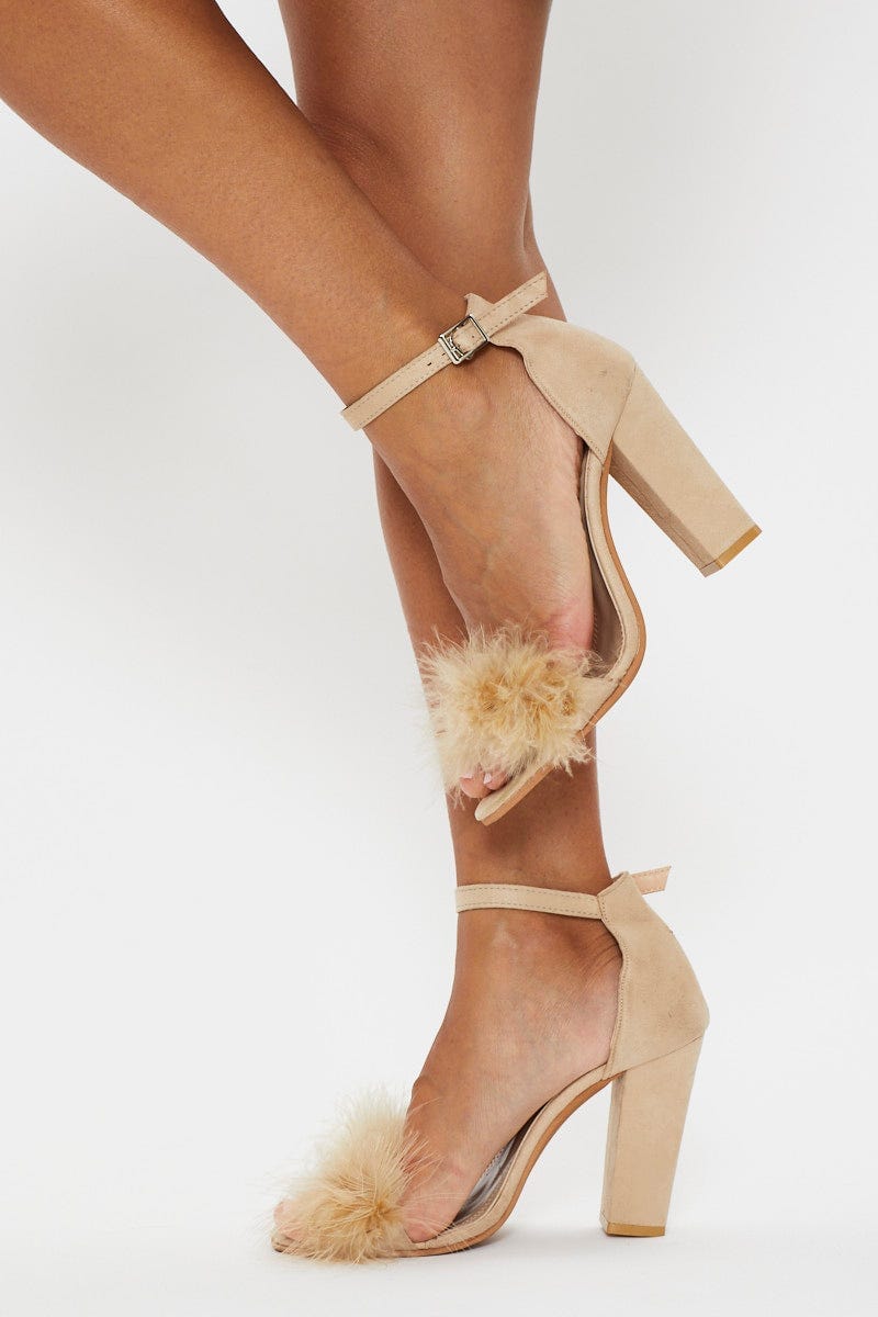 Camel Faux Fur Ankle Strap Heels For Women By You And All