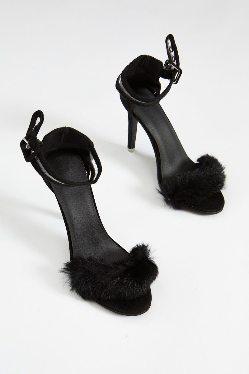Black Faux Fur Fluffy Heels For Women By You And All