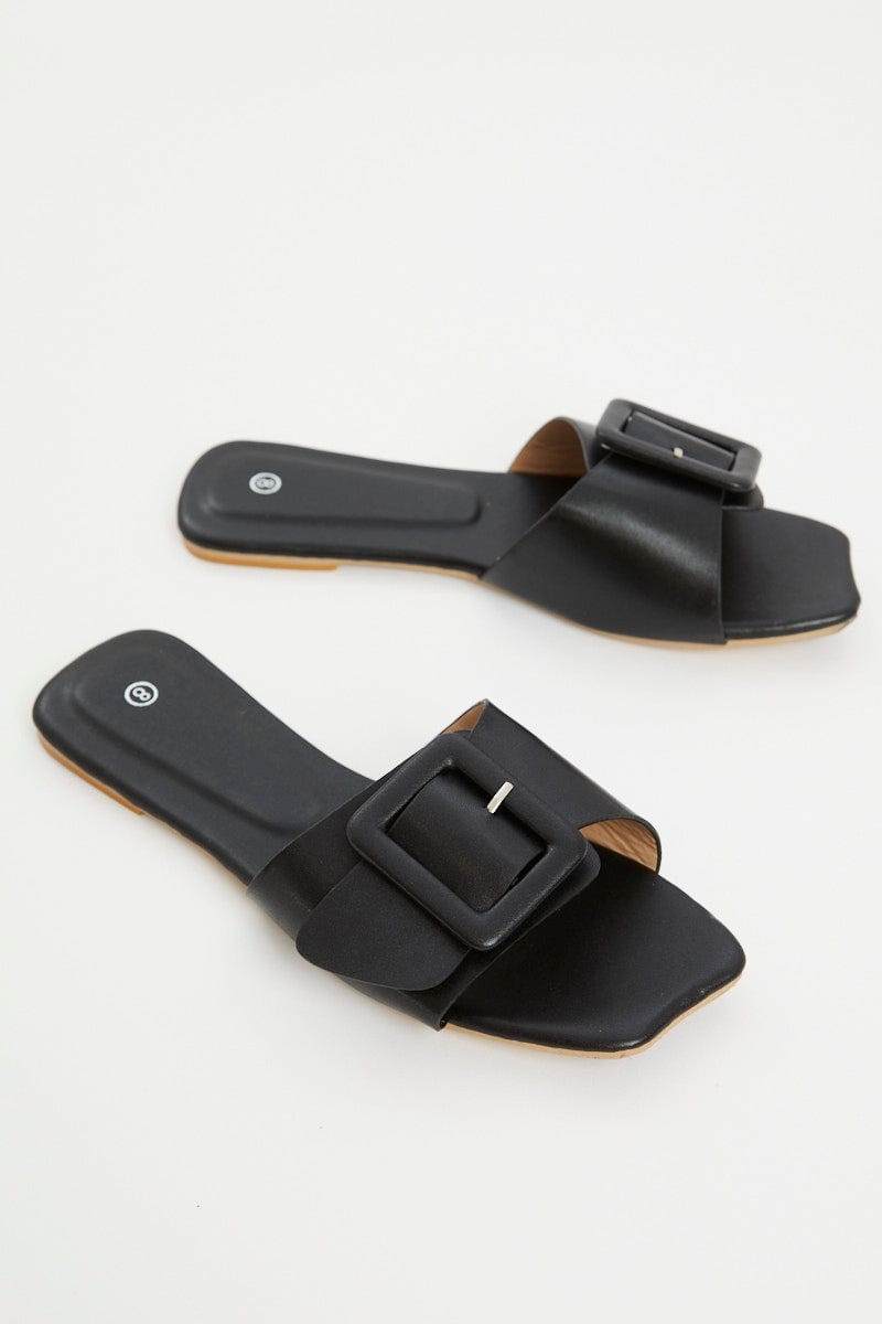 Black Buckle Detail Flat Slides For Women By You And All