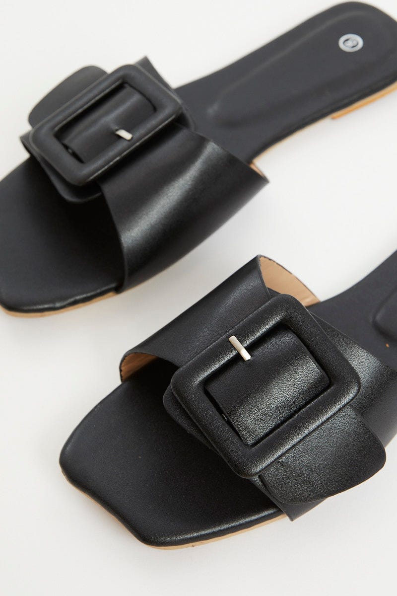 Black Buckle Detail Flat Slides For Women By You And All