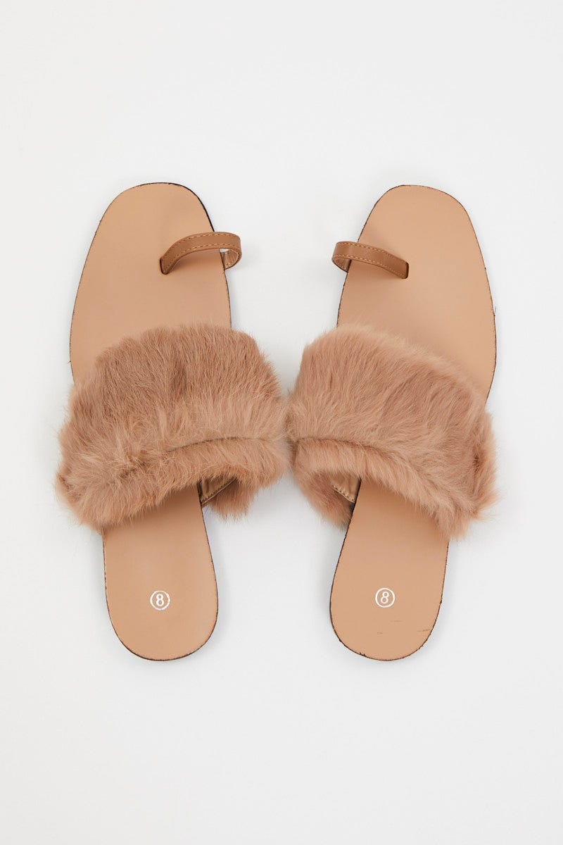 Camel Faux Fur Flat Slides For Women By You And All