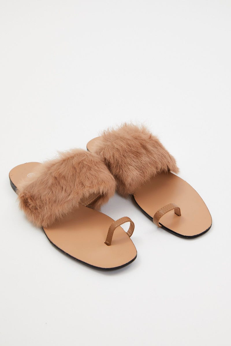 Camel Faux Fur Flat Slides For Women By You And All