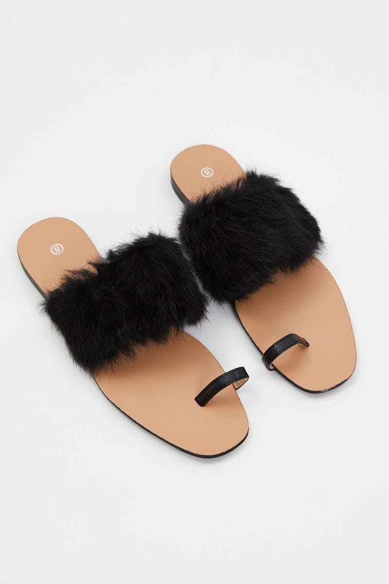 Black Faux Fur Flat Slides For Women By You And All