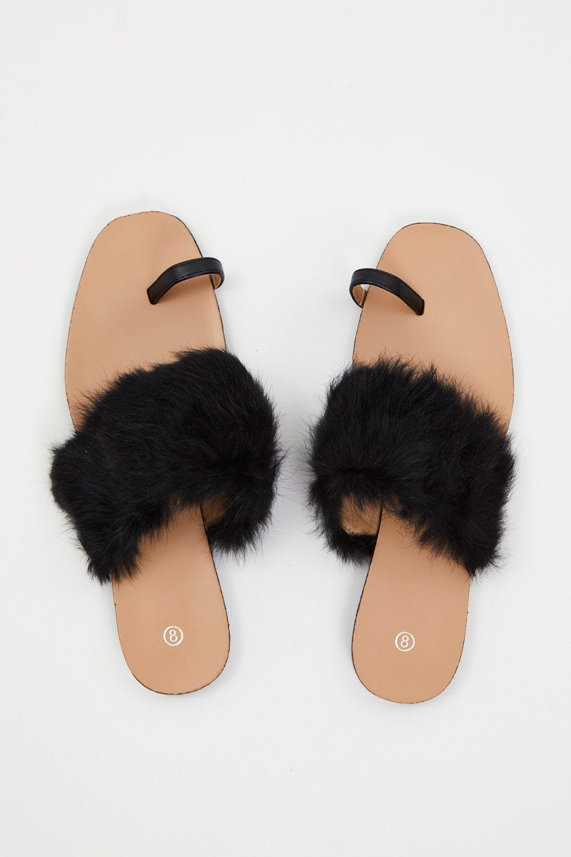 Black Faux Fur Flat Slides For Women By You And All