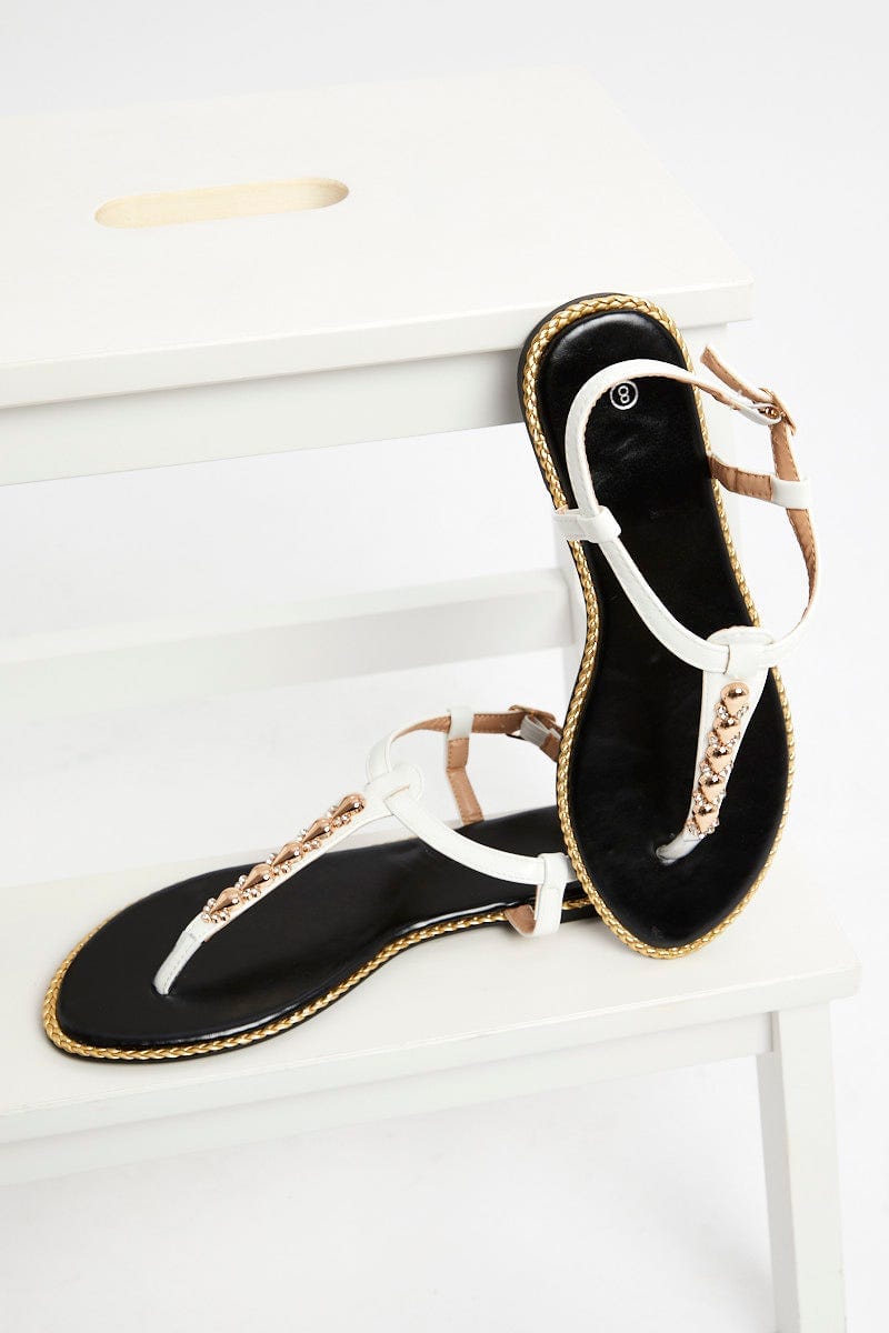 White Stud Detail Flat Sandals For Women By You And All