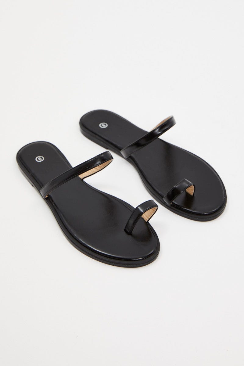 Black Faux Leather Minimal Flat Slides For Women By You And All