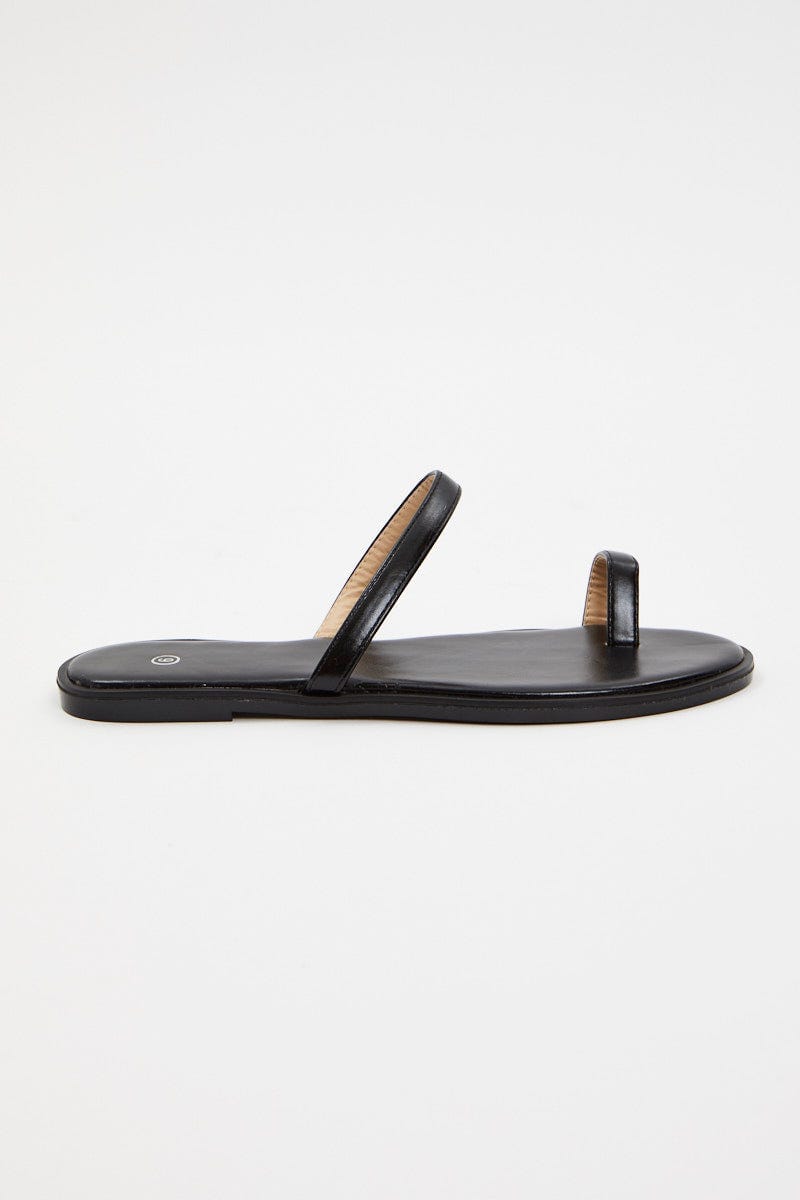 Black Faux Leather Minimal Flat Slides For Women By You And All