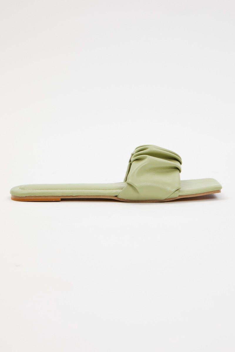 Green Faux Leather Ruched Flat Slides For Women By You And All