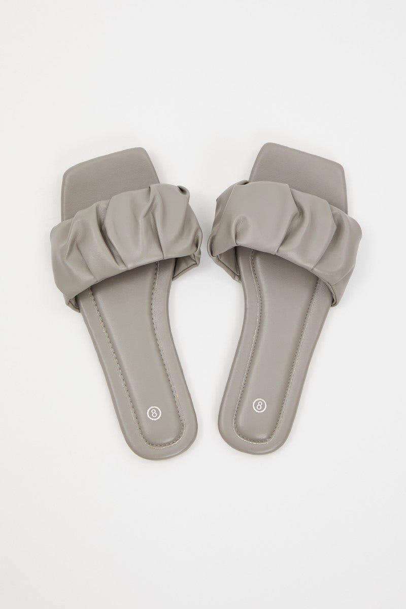 Grey Faux Leather Ruched Flat Slides For Women By You And All