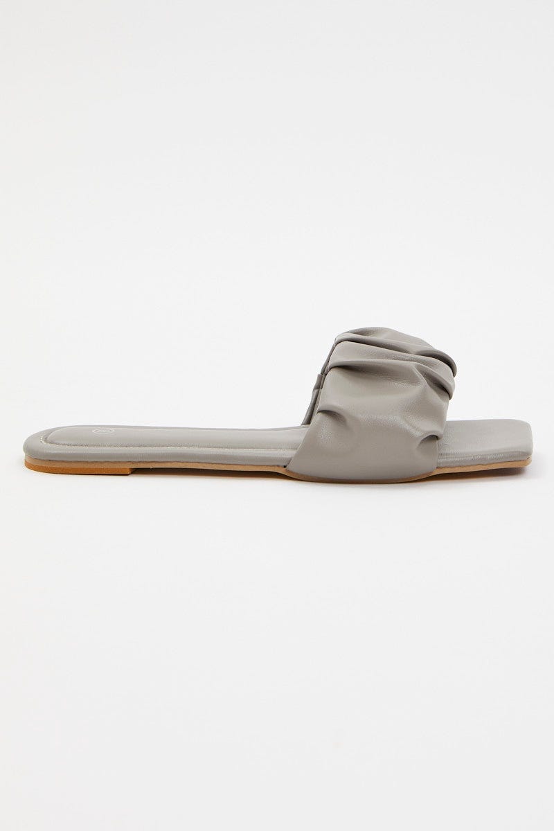 Grey Faux Leather Ruched Flat Slides For Women By You And All