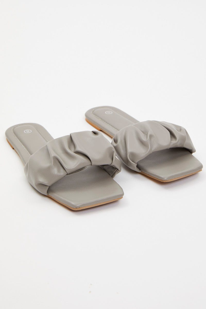 Grey Faux Leather Ruched Flat Slides For Women By You And All