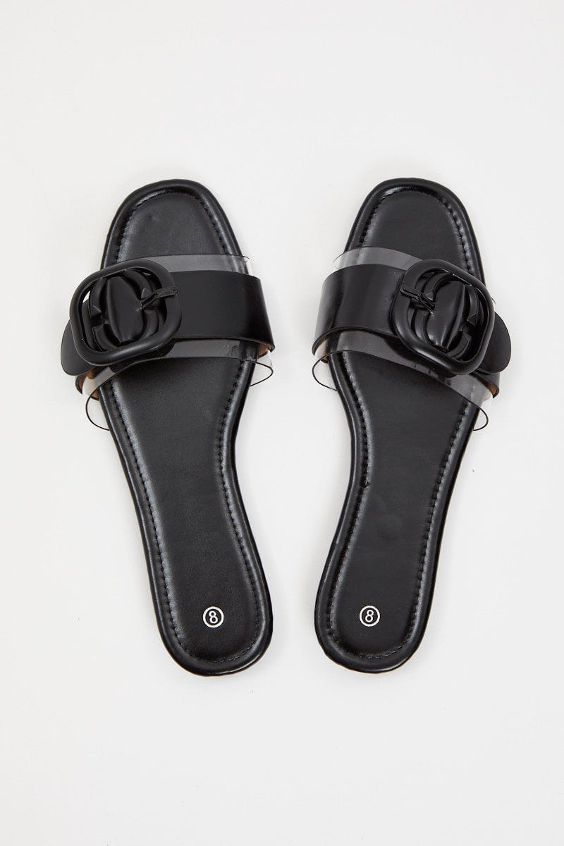 Black Buckle Detail Slides For Women By You And All