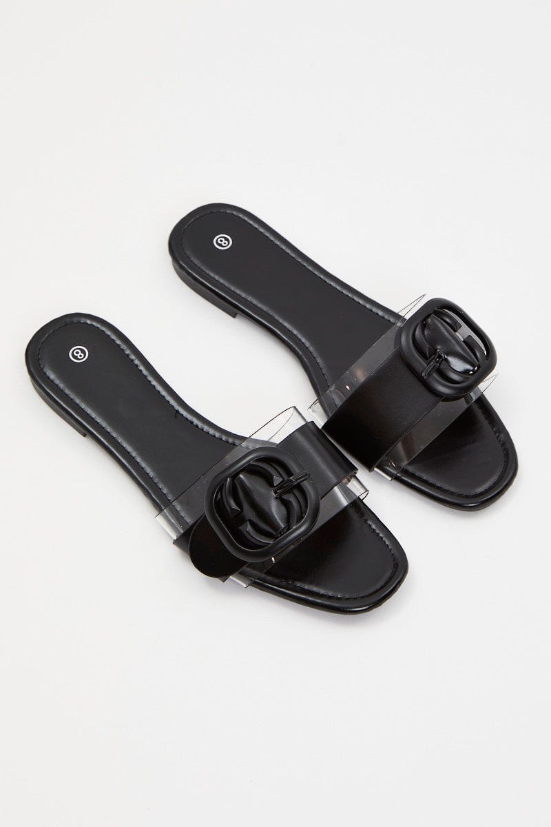 Black Buckle Detail Slides For Women By You And All