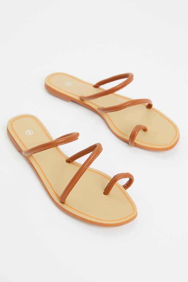 Camel Minimal Strappy Flat Slides For Women By You And All