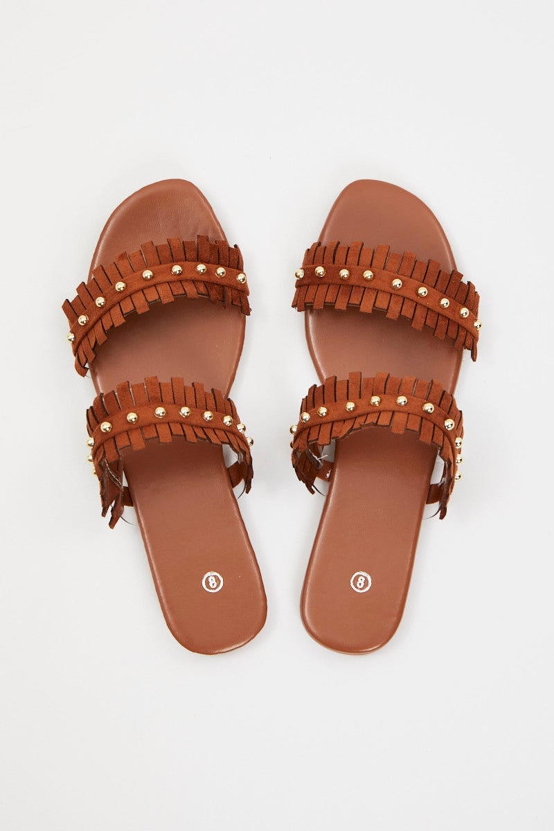 Camel Fringe Detail Flat Slides For Women By You And All