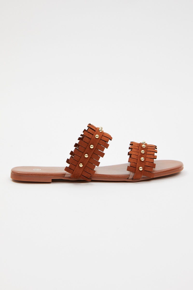 Camel Fringe Detail Flat Slides For Women By You And All