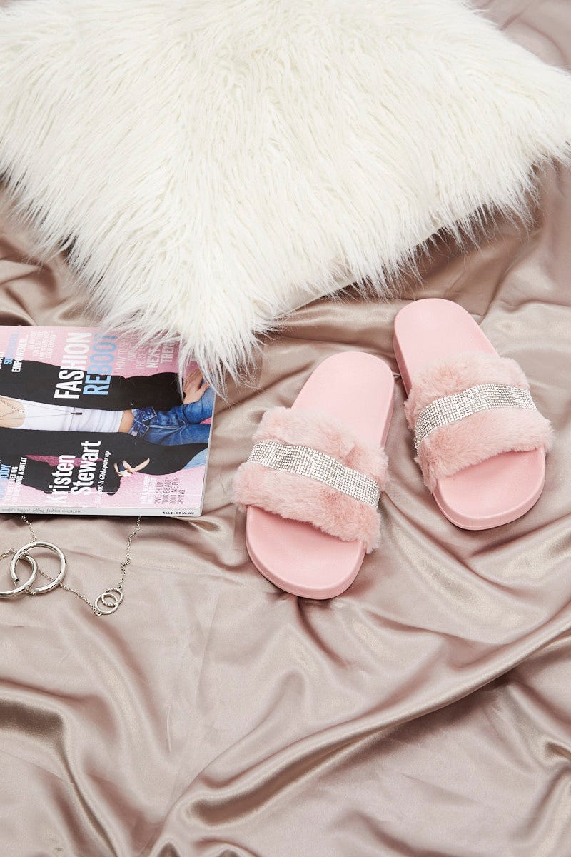 Pink Diamante Faux Fur Fluffy Slides For Women By You And All
