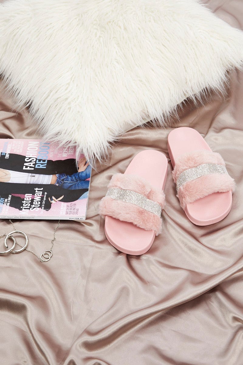 Fluffy Slides Pink Diamante Faux Fur Fluffy Slides | You + All | Shop Online | You & All