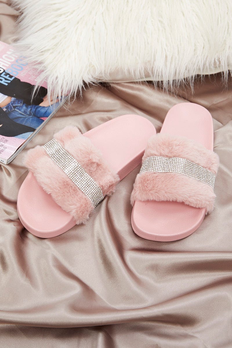 Pink Diamante Faux Fur Fluffy Slides For Women By You And All