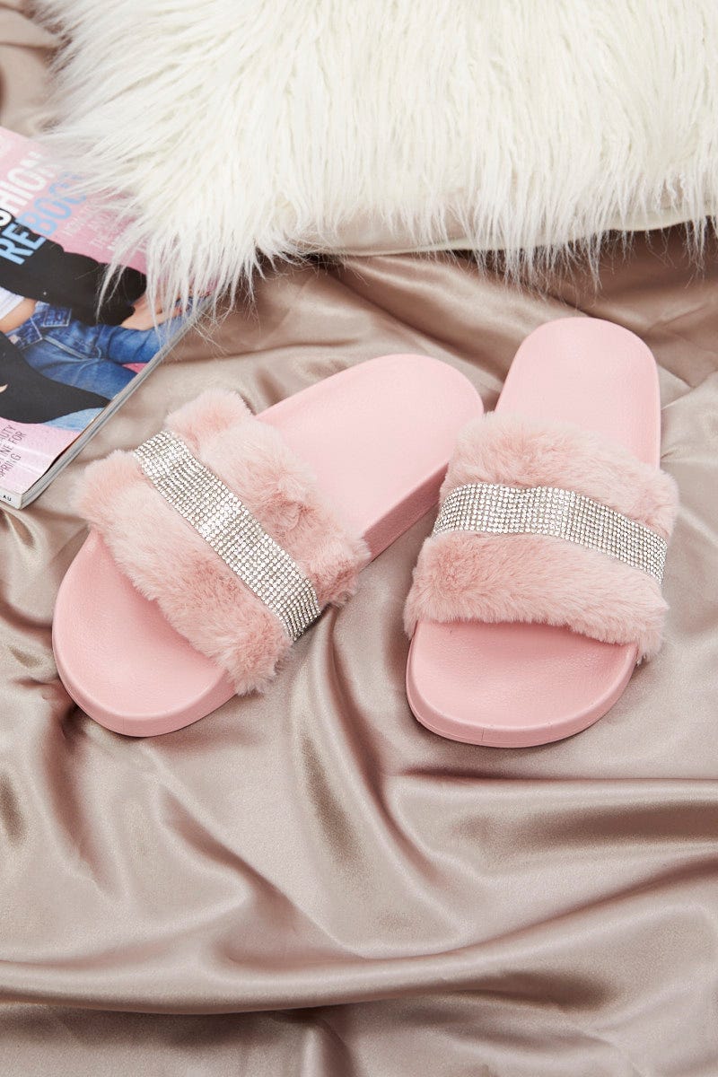 Pink Fuzzy Slides Womens Pink Diamante Faux Fur Fluffy Slides You