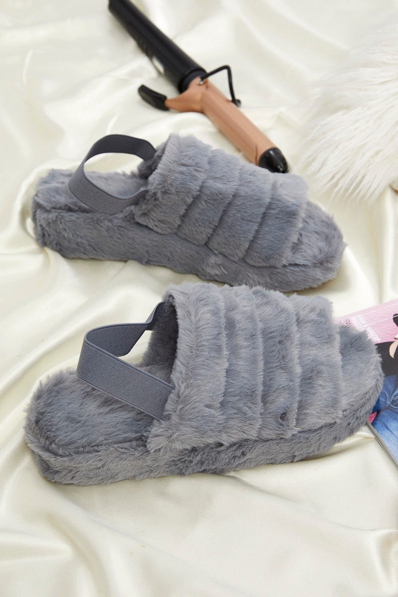 Grey Faux Fur Fluffy Slingbacks For Women By You And All