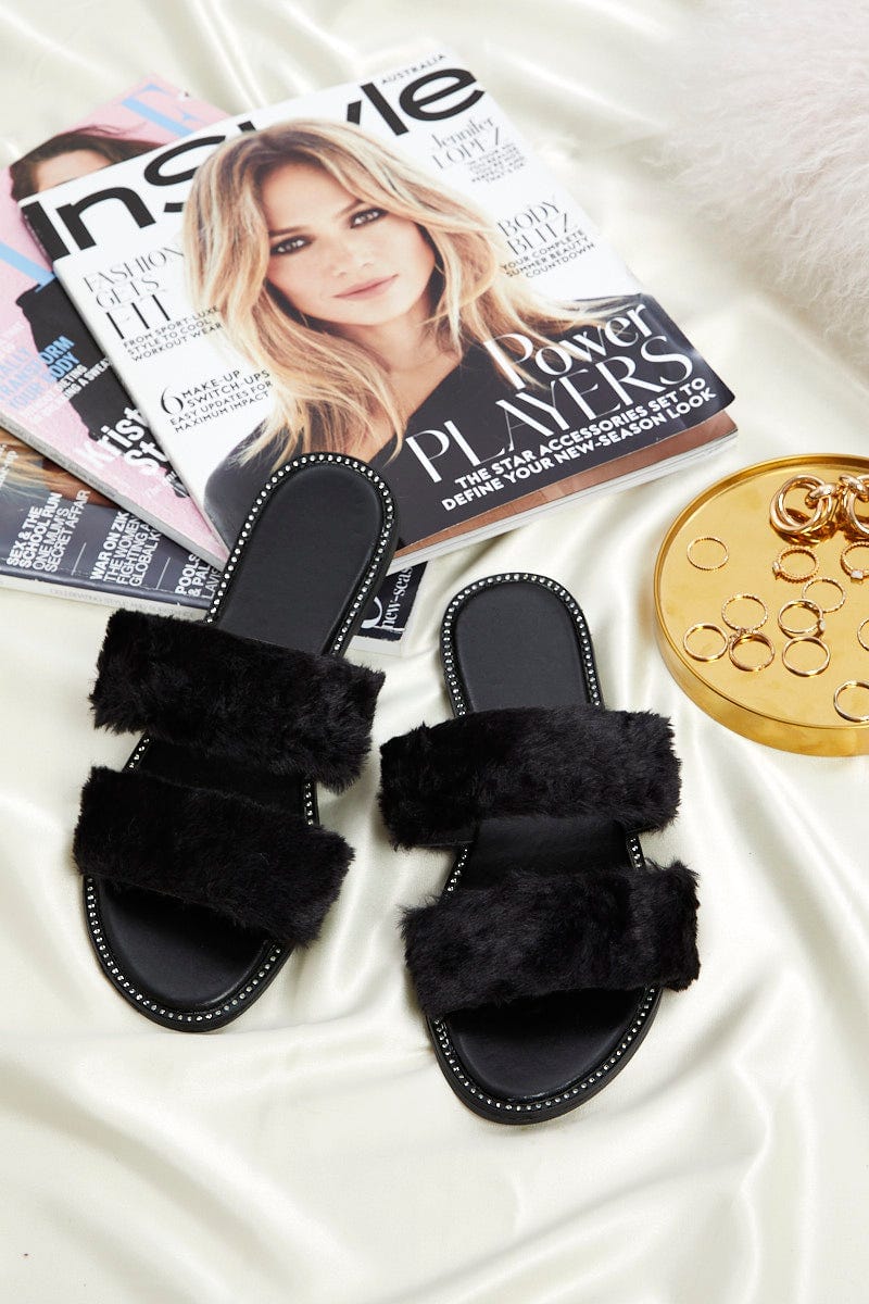 Black Faux Fur Fluffy Slides For Women By You And All