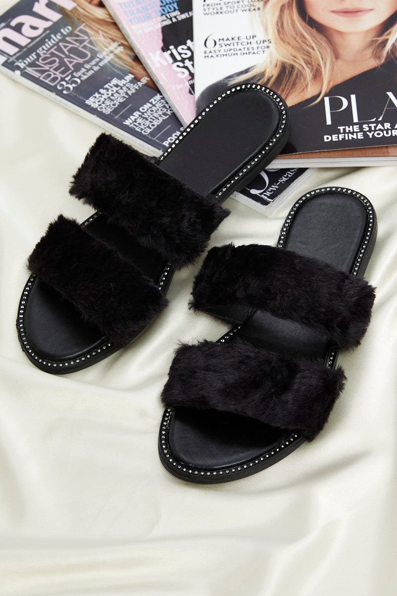 Black Faux Fur Fluffy Slides For Women By You And All