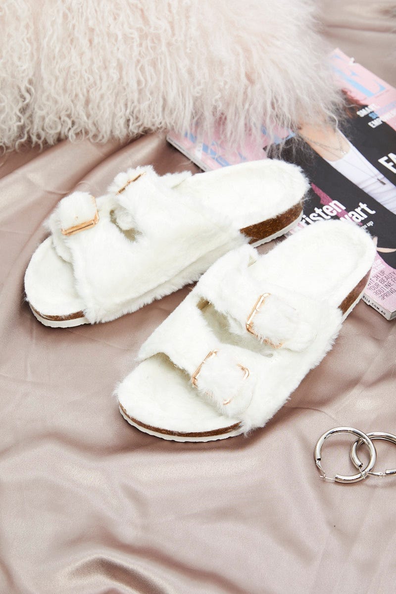 White Faux Fur Fluffy Buckle Slides For Women By You And All