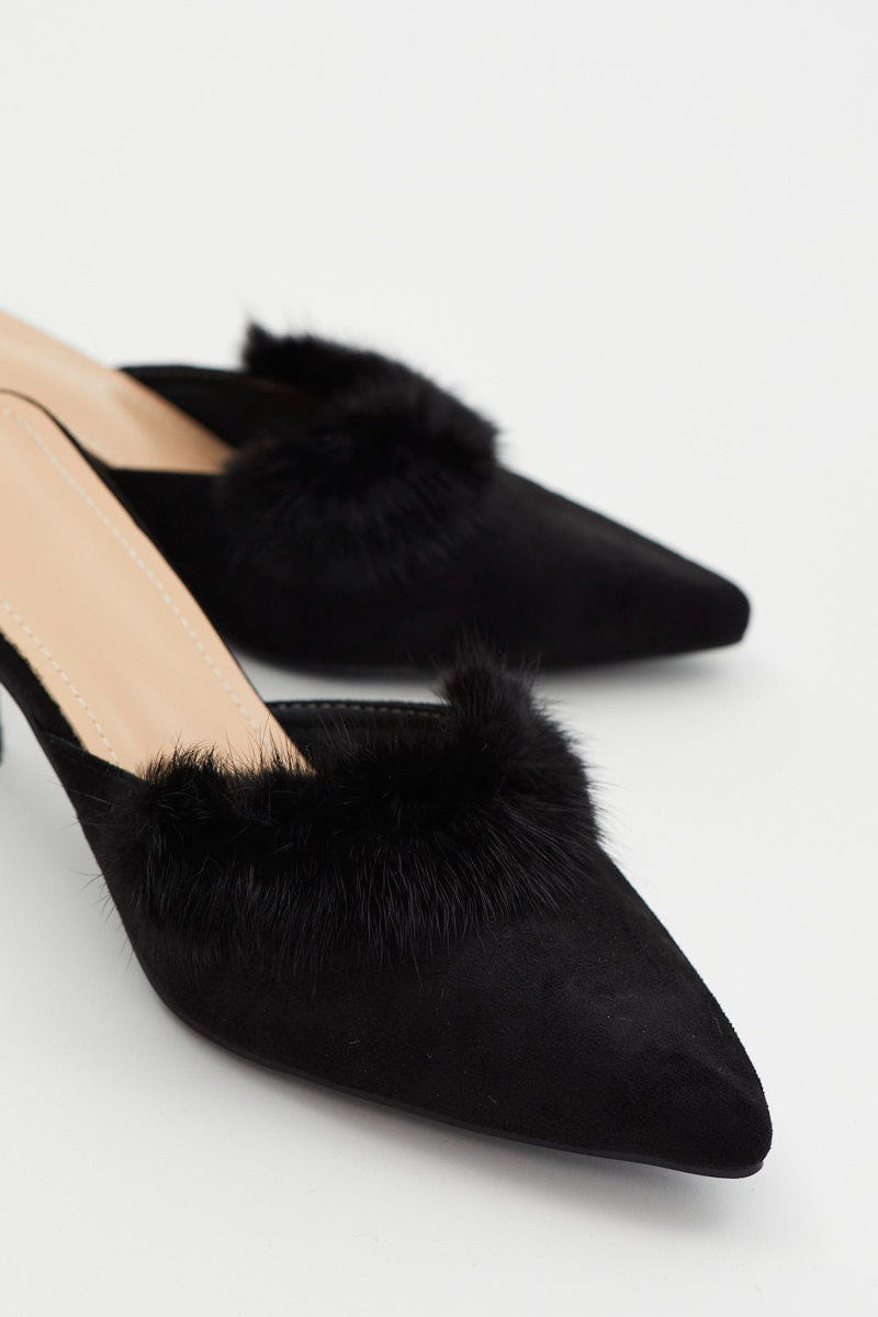 Black Feather Trim Pointed Mules For Women By You And All