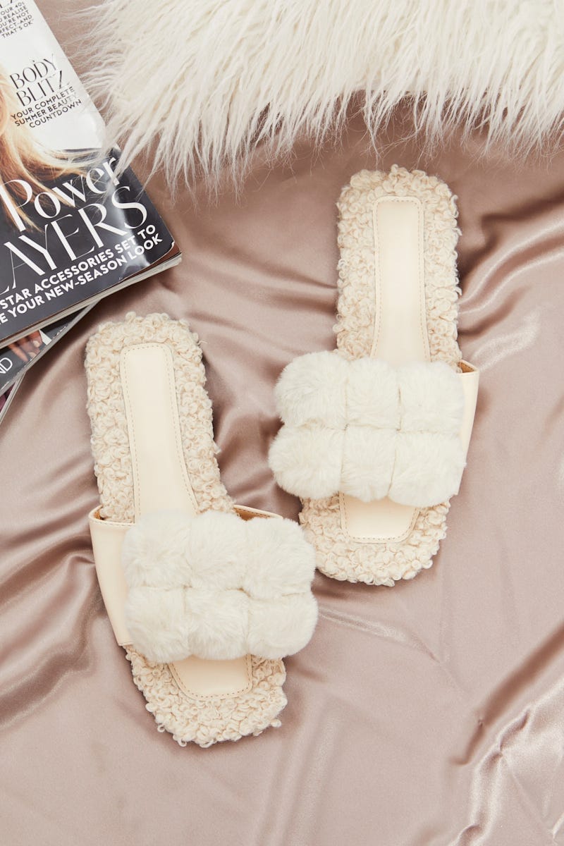 White Plus Pom Pom Fluffy Faux Fur Slider Slippers For Women By You And All