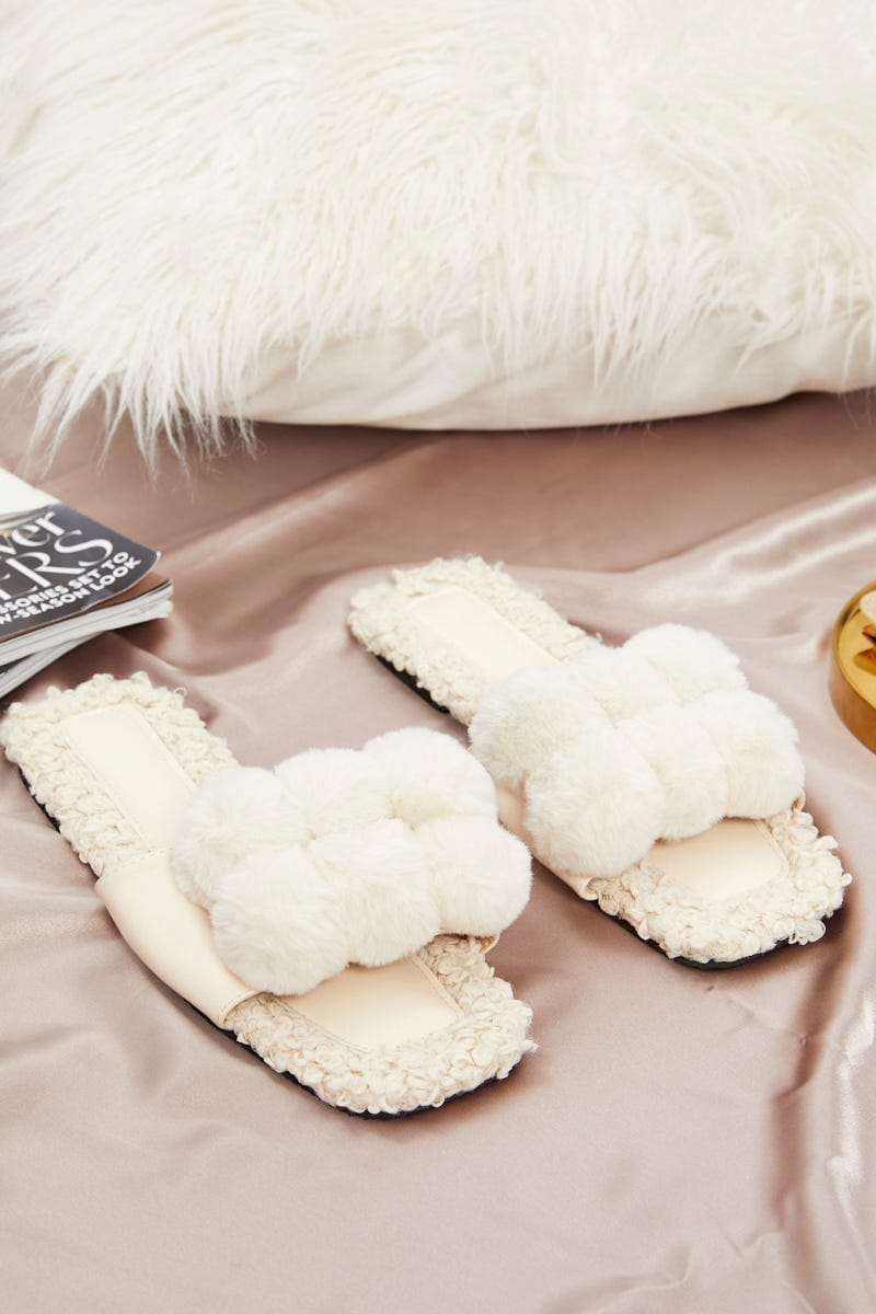 White Plus Pom Pom Fluffy Faux Fur Slider Slippers For Women By You And All