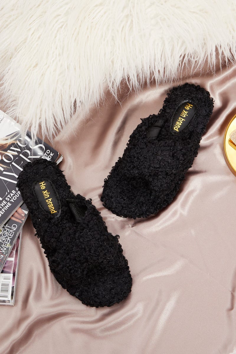 Black Plus Borg Fluffy Teddy Crossover Slider Slippers For Women By You And All