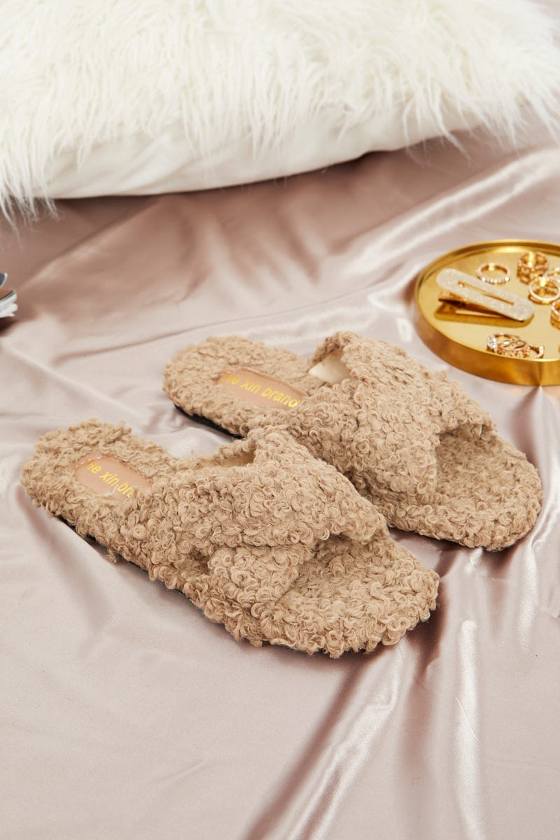 Beige Borg Fluffy Teddy Crossover Slider Slippers You All