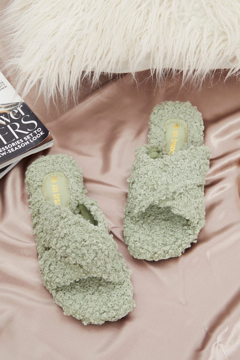 Green Plus Borg Fluffy Teddy Crossover Slider Slippers For Women By You And All