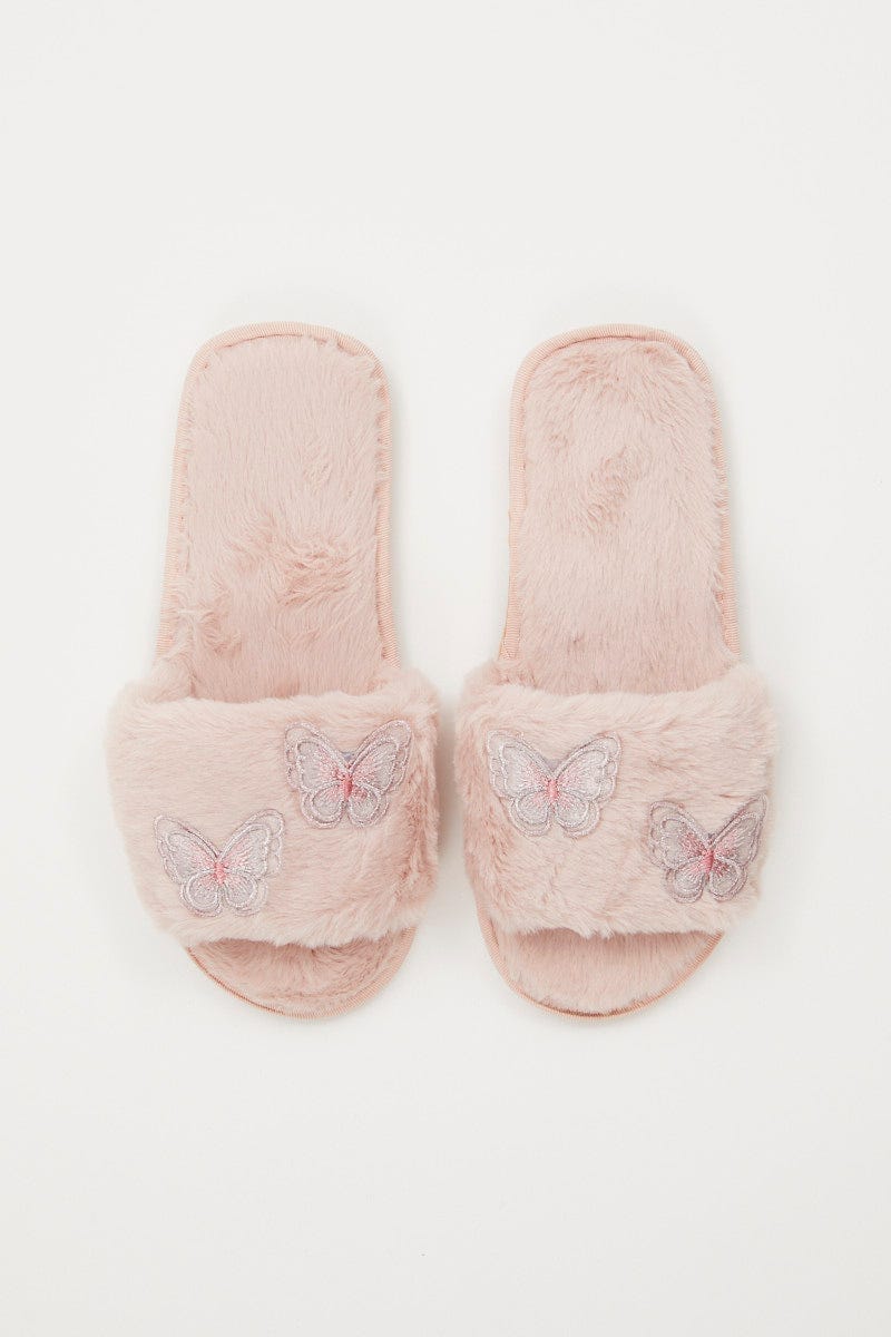 Pink Plus 3D Butterfly Faux Fur Slider Slippers For Women By You And All