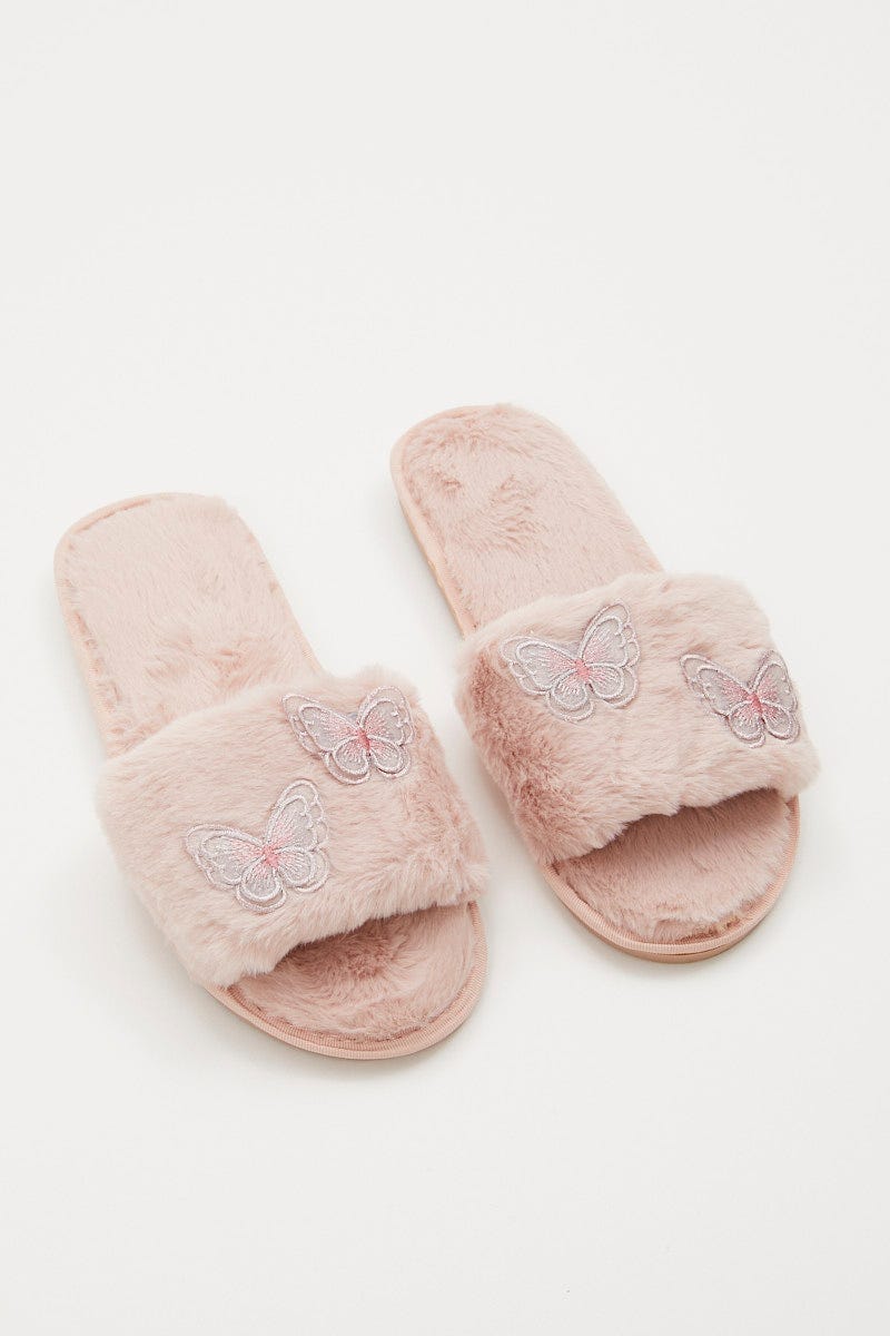 Fur Sliders Fur Slides Kids Pink 3D Butterfly Faux Fur Slider