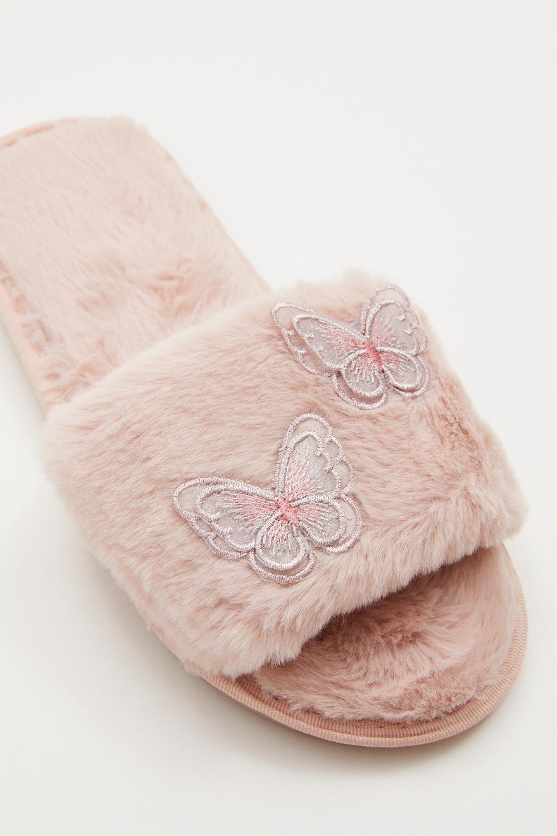 Pink Plus 3D Butterfly Faux Fur Slider Slippers For Women By You And All