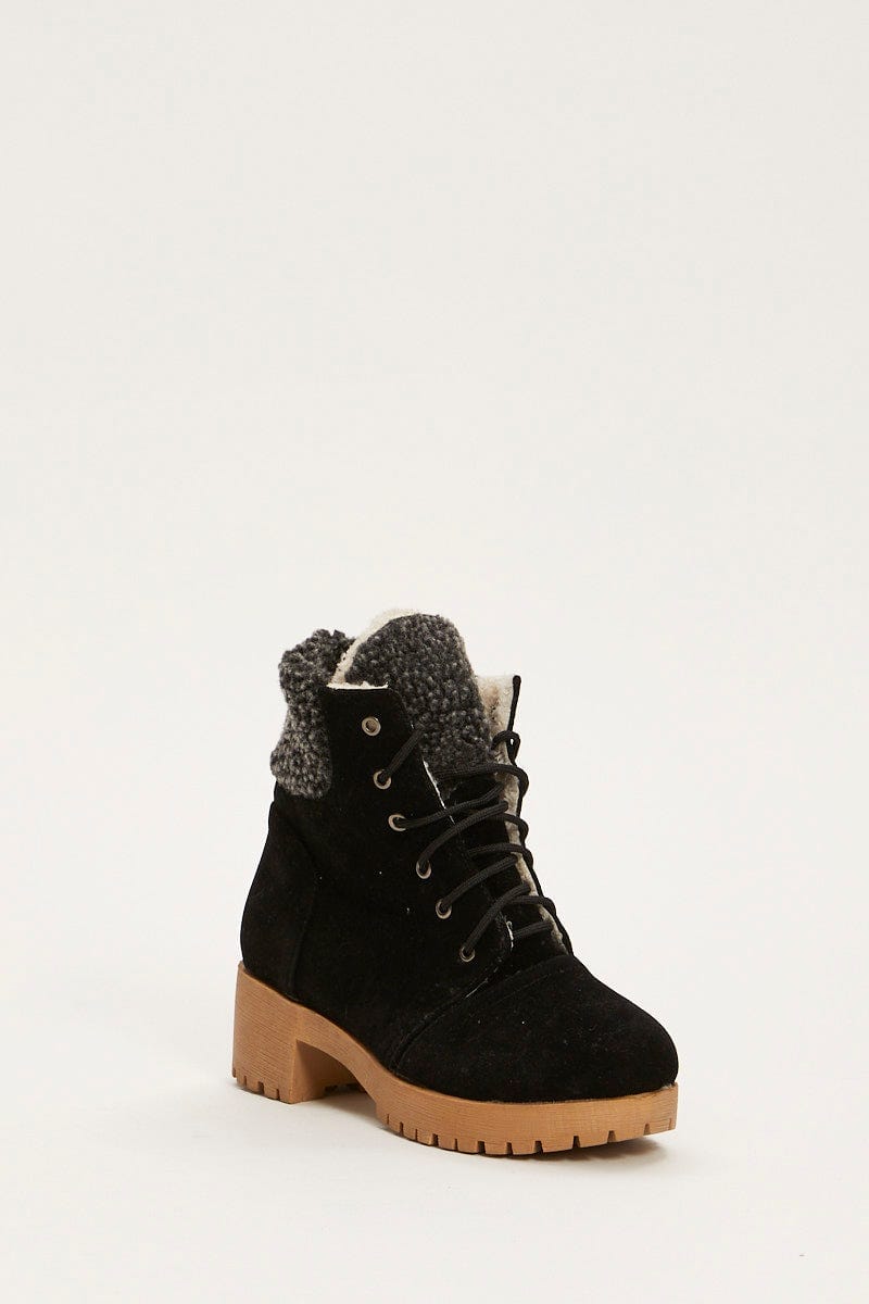 Black Suedette Lace Up Flat Boots For Women By You And All