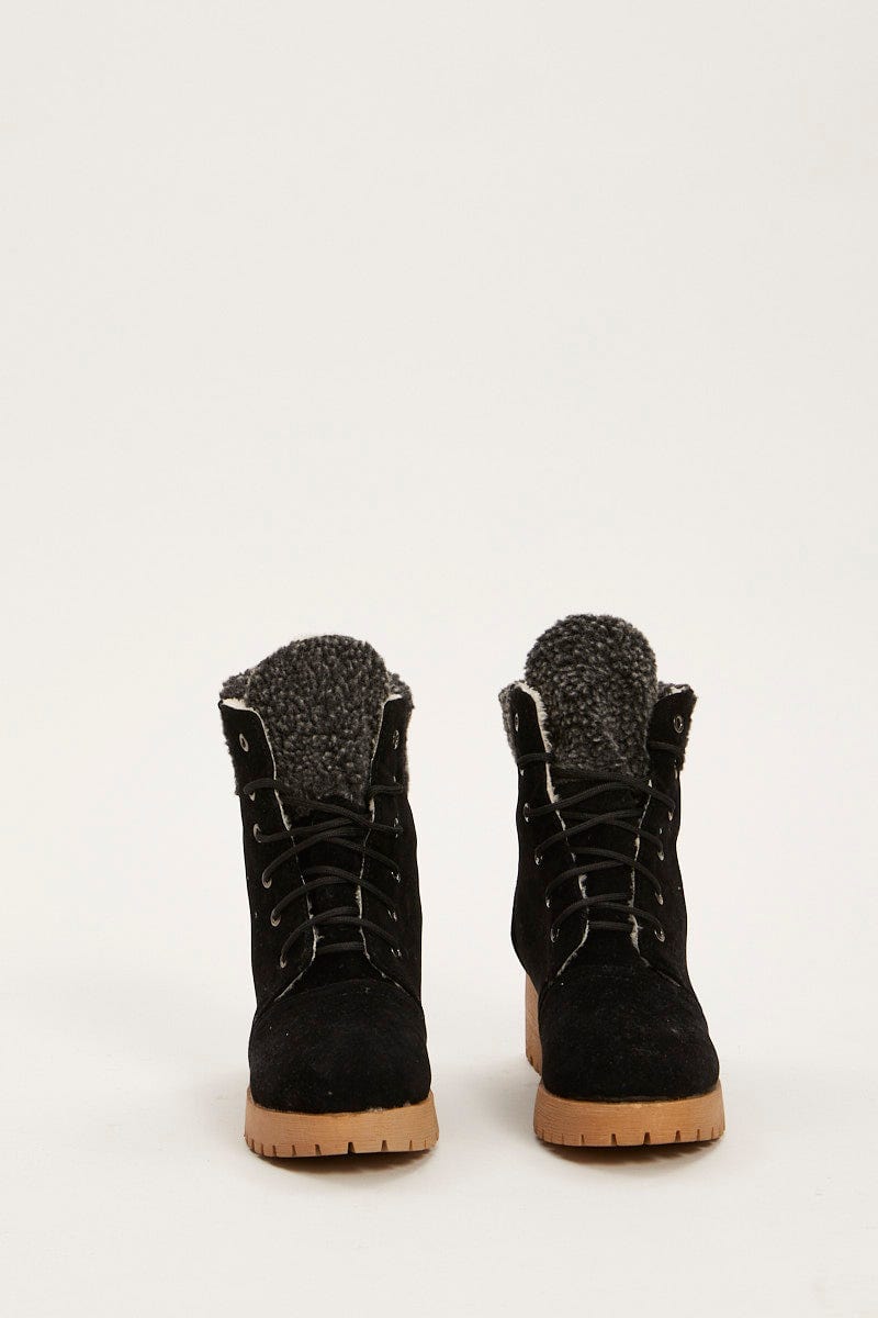 Black Suedette Lace Up Flat Boots For Women By You And All