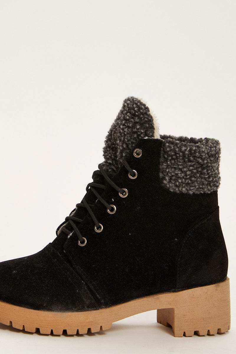 Black Suedette Lace Up Flat Boots For Women By You And All